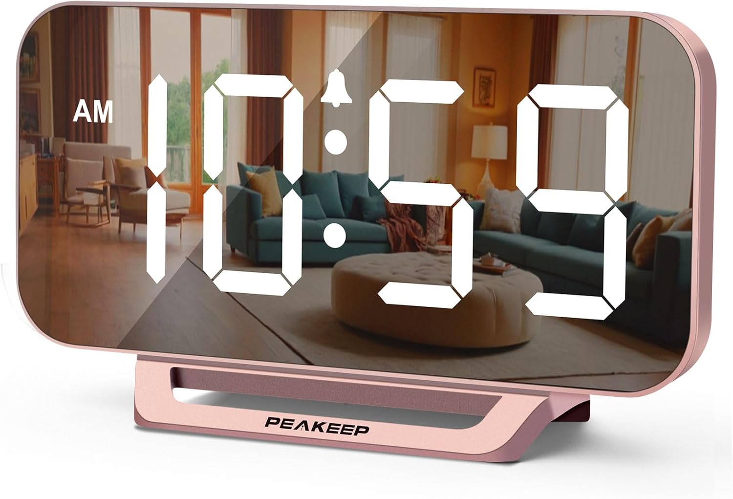 Slim Digital Mirror Aesthetic Alarm Clock for Bedrooms Desk Decor - Plug in Electric Big LED Modern Small Clock for Office Living Room, Battery Backup, 6 Dimmers (Gold)