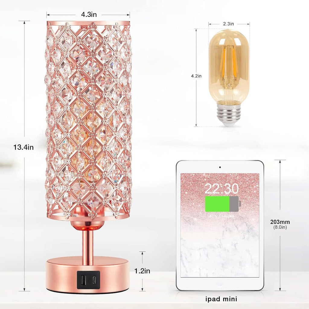 Crystal Table Lamp - 3-Way Dimmable Touch Control, Rose Gold Bedside Lamp with USB C and a Ports, Nightstand Light for Living Room, Bedroom, Home Office (Bulb Included)