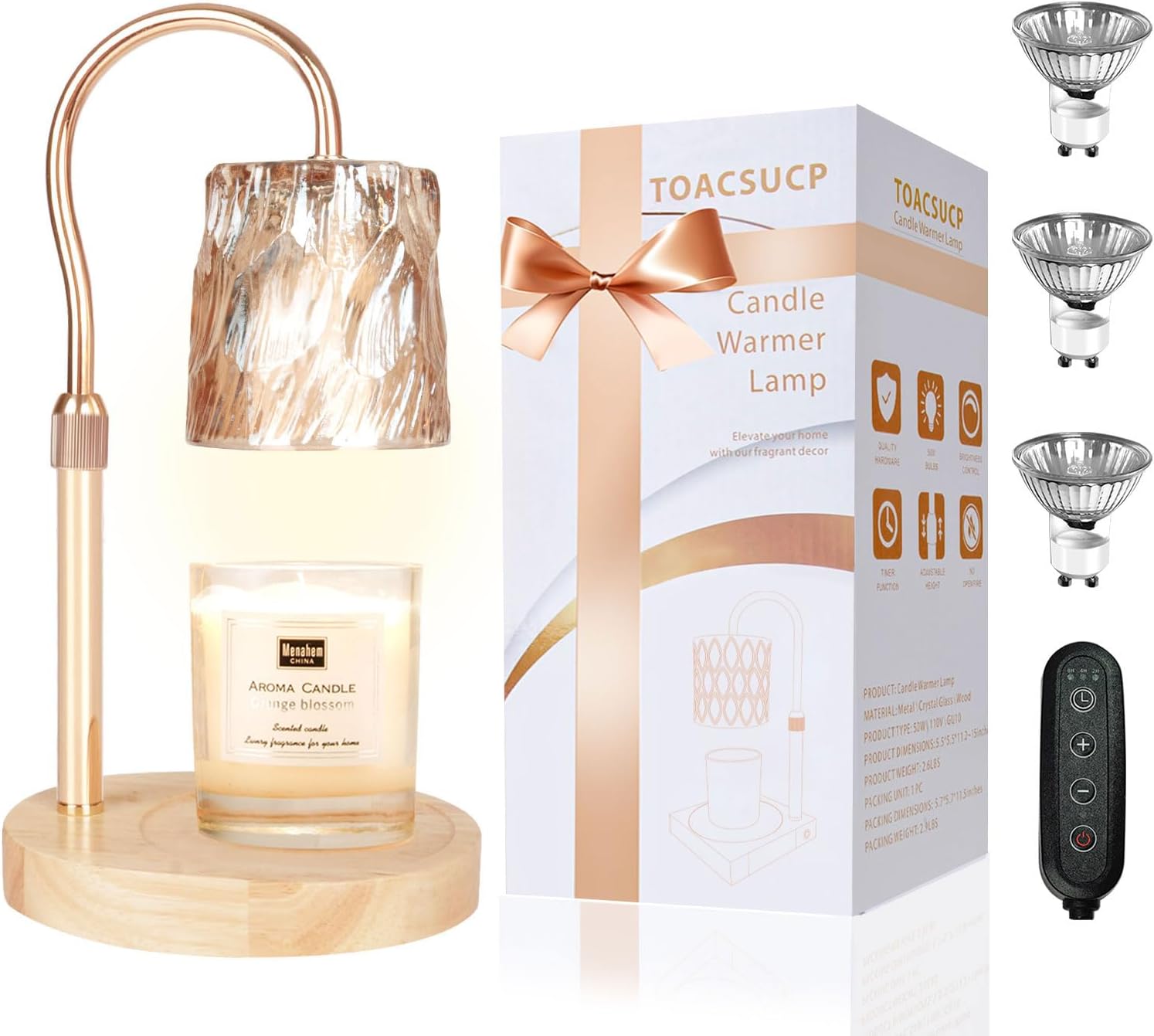 Candle Warmer Lamp with 3 Bulbs, Adjustable Height Dimmable Candle Warmer with Timer, Compatible with Large Jar Candles, Candle Lamp with Charming Gift Box Ribbon for Her/Him