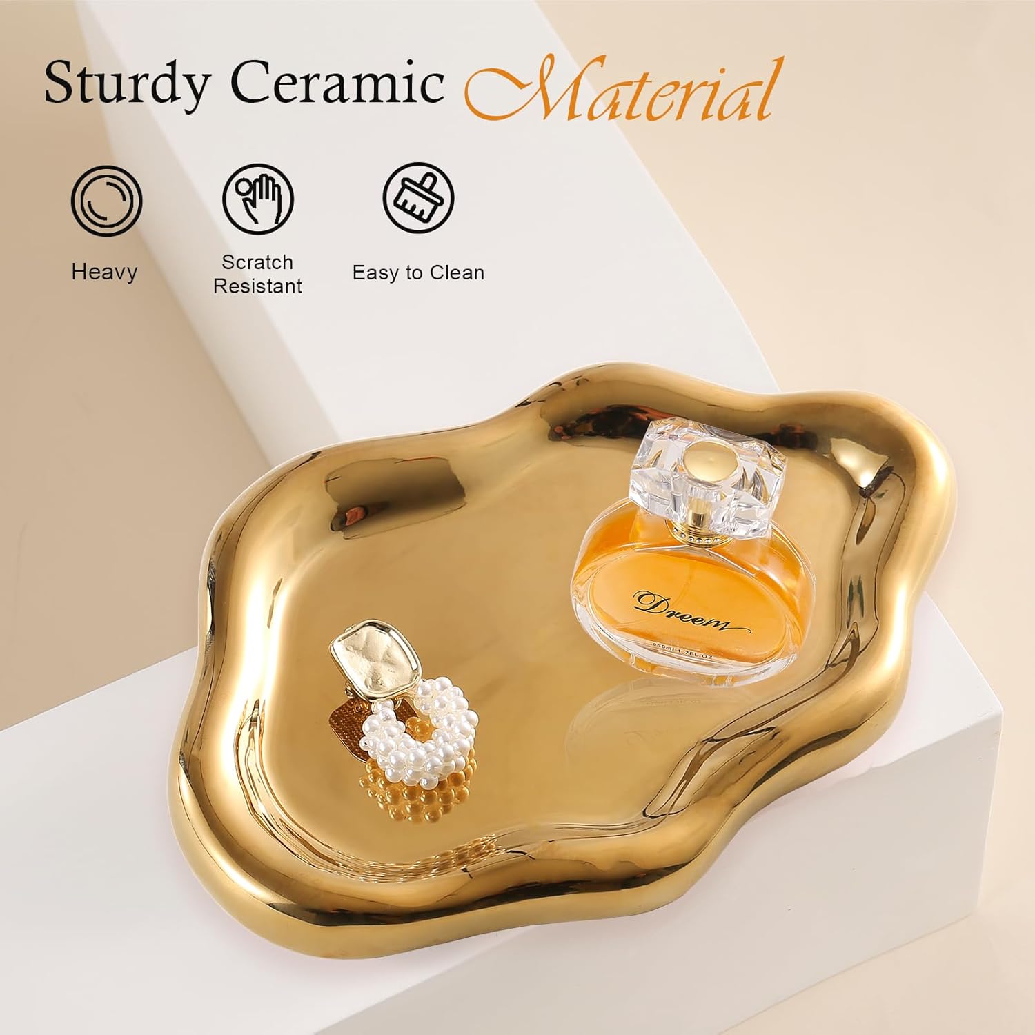 Ceramic Jewelry Tray Trinket Dish, Decorative Cloud Vanity Key Tray for Women, Ring Holder Dish, Cute Jewelry Plate Bowl Room Decor Aesthetic, Gold, Medium