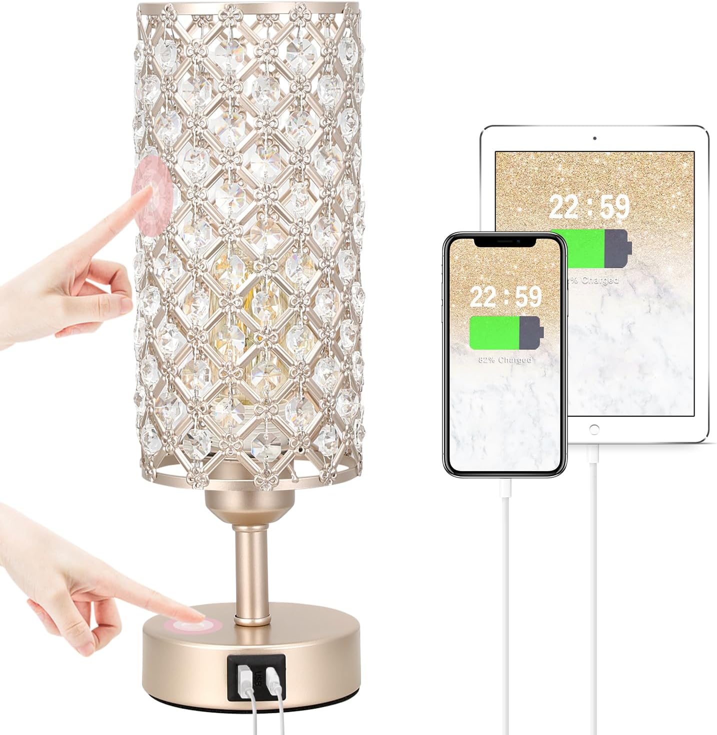 Crystal Table Lamp - 3-Way Dimmable Touch Control, Rose Gold Bedside Lamp with USB C and a Ports, Nightstand Light for Living Room, Bedroom, Home Office (Bulb Included)