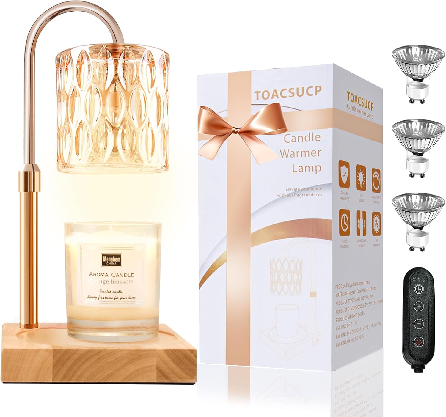 Candle Warmer Lamp with 3 Bulbs, Adjustable Height Dimmable Candle Warmer with Timer, Compatible with Large Jar Candles, Candle Lamp with Charming Gift Box Ribbon for Her/Him