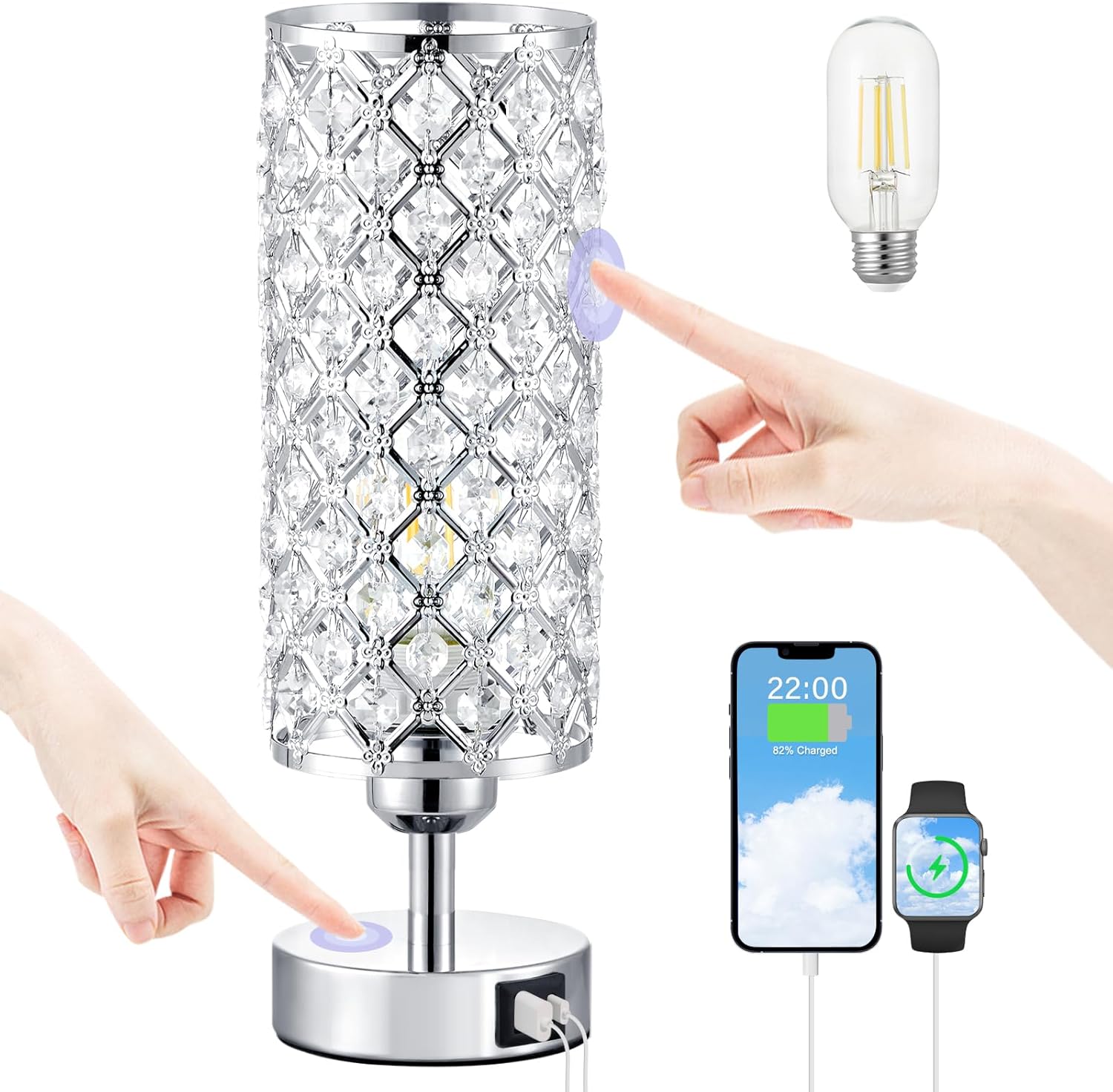 Crystal Table Lamp - 3-Way Dimmable Touch Control, Rose Gold Bedside Lamp with USB C and a Ports, Nightstand Light for Living Room, Bedroom, Home Office (Bulb Included)