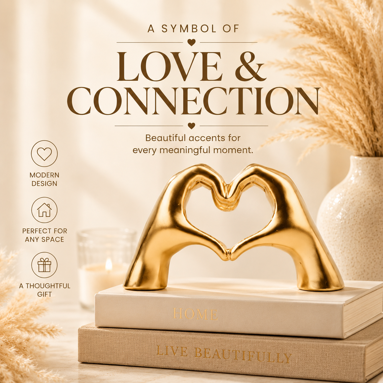 Heart Hands Decorative Sculpture | Modern Love Accent for Shelves, Coffee Tables & Home Décor
