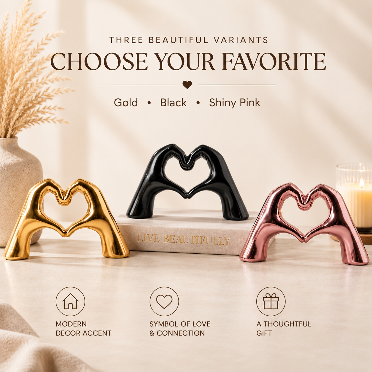Heart Hands Decorative Sculpture | Modern Love Accent for Shelves, Coffee Tables & Home Décor