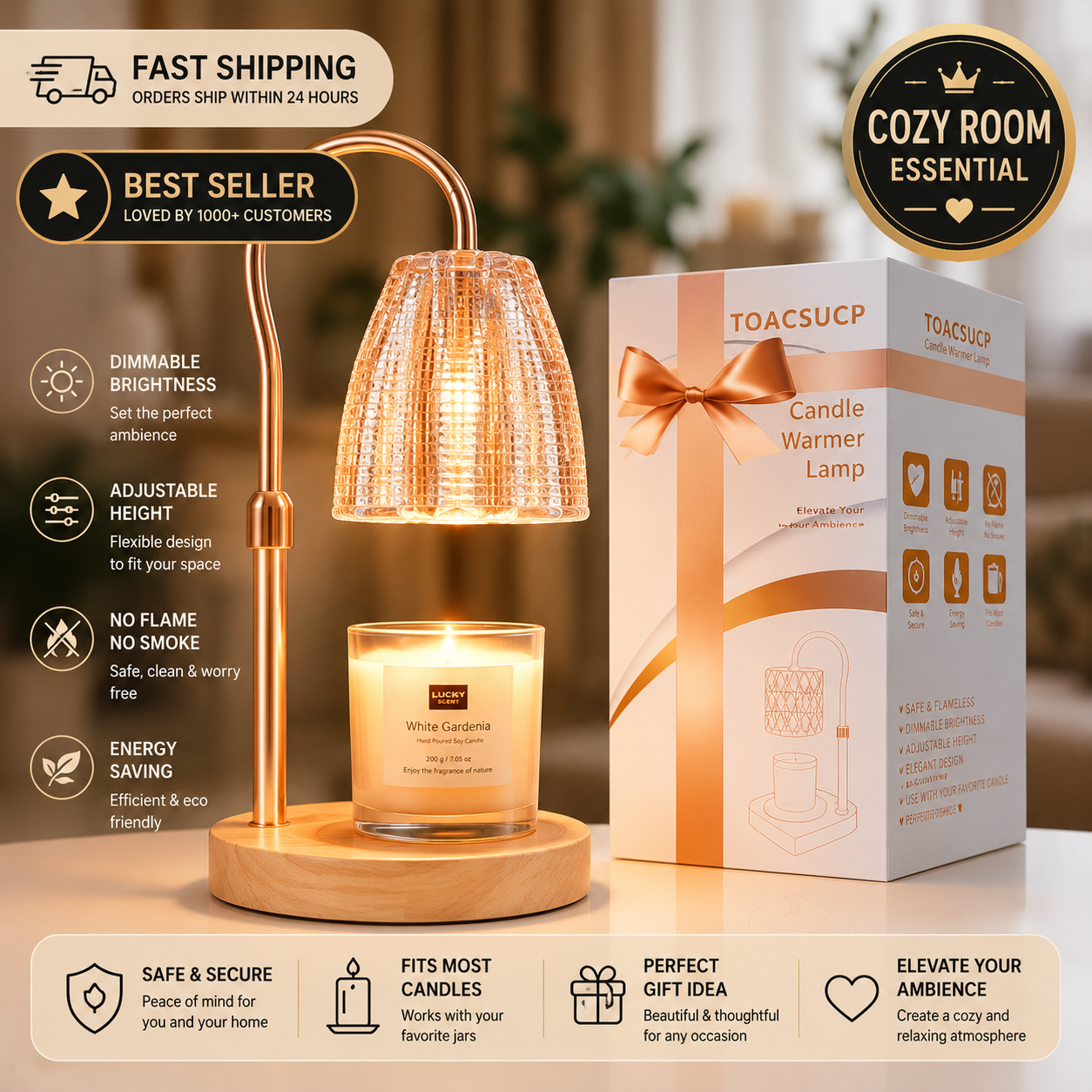Warm Glow Candle Lamp- Ambient Cozy Candle Warmer Lamp