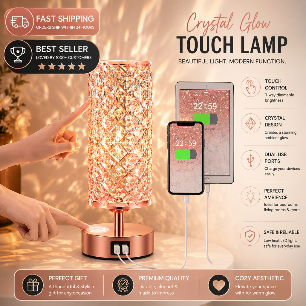 Crystal Glow Table Lamp – 3-Way Touch Dimmable Bedside Light with USB-C & USB Ports (Bulb Included)