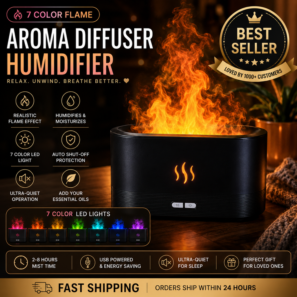 7 Color Flame Aroma Diffuser Humidifier | Cozy LED Fire Mist Lamp | Essential Oil Air Humidifier for Bedroom & Home Decor